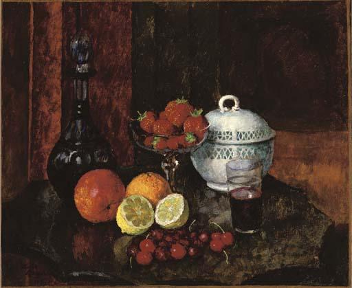 Il\'Ia Ivanovich Mashkov - Still Life With Strawberries, Cherries And A Blue Decanter