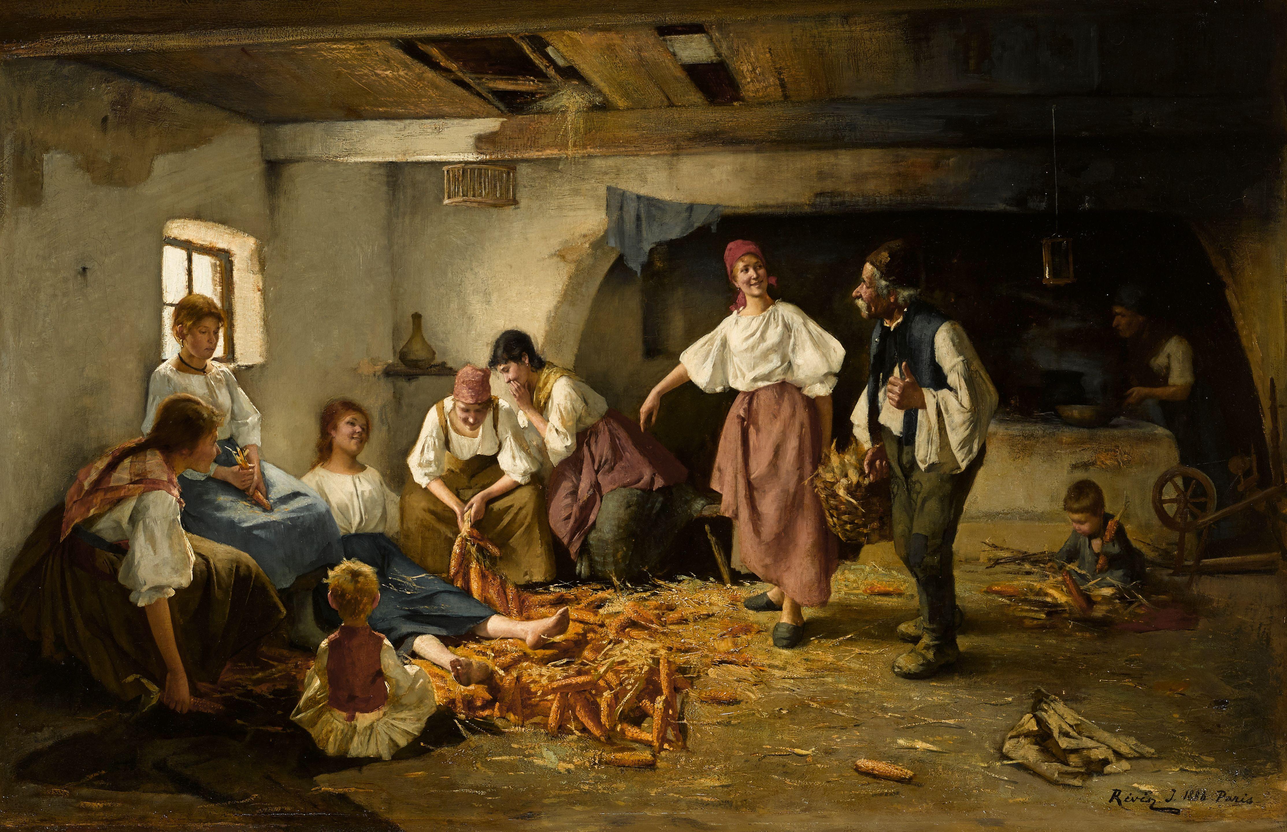 Imre Revesz - A family gathered to husk the harvest
