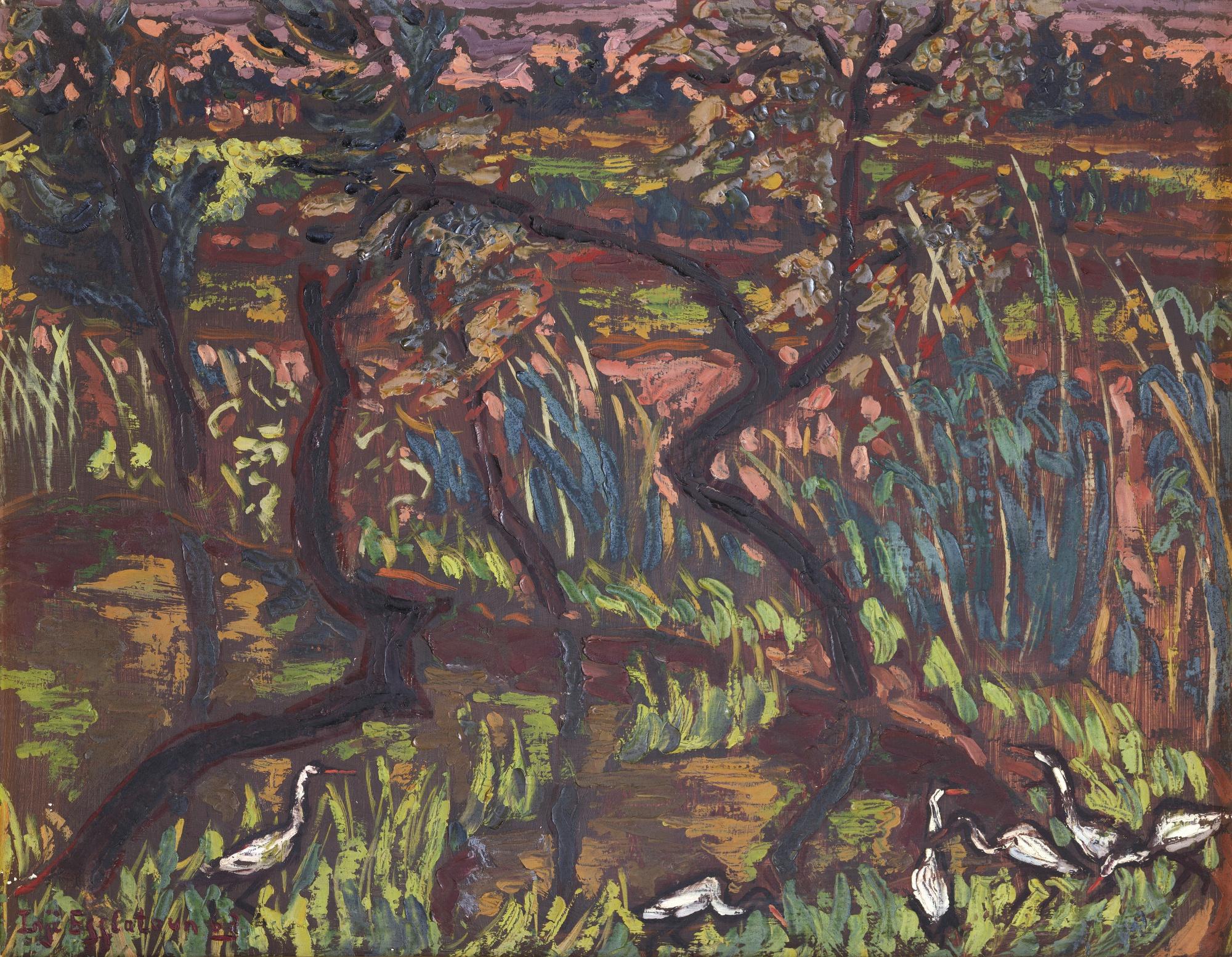 Inji Efflatoun - Egyptianlandscape With Trees And Egrets (From The Prison Series)