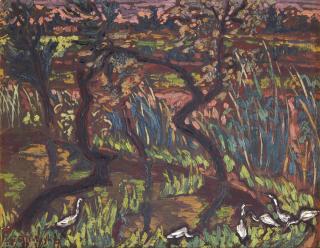 Inji Efflatoun - Egyptianlandscape With Trees And Egrets (From The Prison Series)