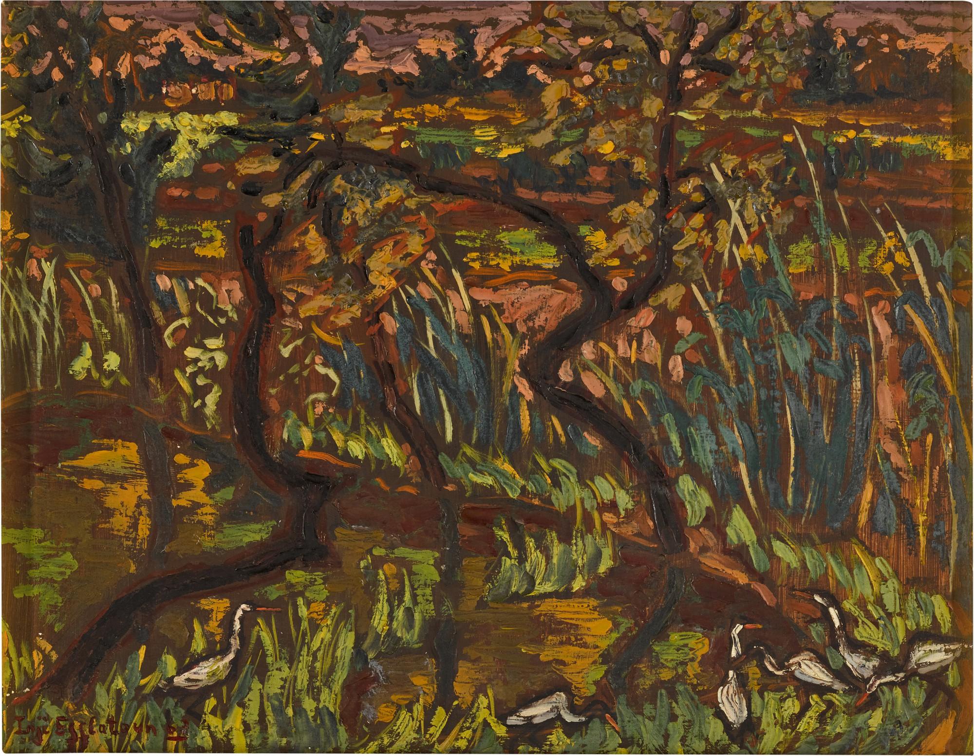 Inji Efflatoun - Landscape with Trees and Egrets (From the Prison Series)