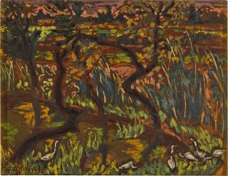 Inji Efflatoun - Landscape with Trees and Egrets (From the Prison Series)