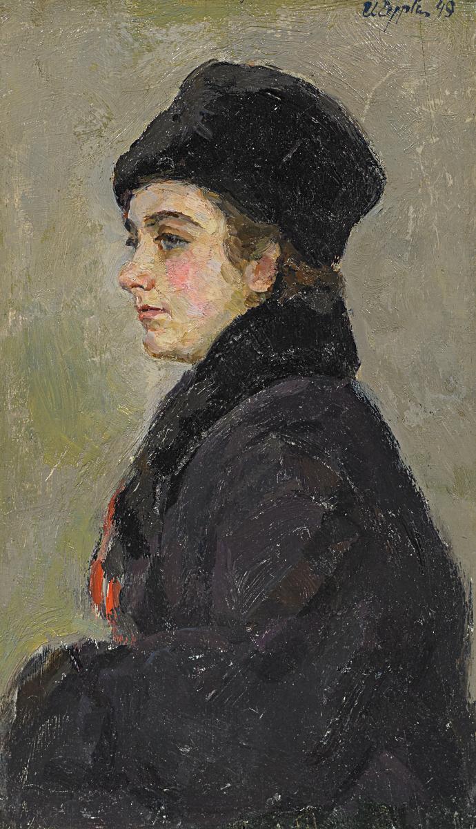 Iosif Michajlovic Gurvic - Portrait einer Dame mit Pelzmütze.