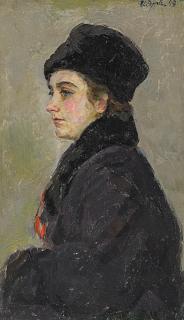 Iosif Michajlovic Gurvic - Portrait einer Dame mit Pelzmütze.