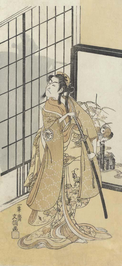 Ippitsusai Buncho - Full-length portrait of the actor Matsumoto Koshiro in a female role, the silhouette of a male figure visible through the shoji screen, signed Ippitsusai Buncho ga--good impression, faded, soiled and rubbed, repairs