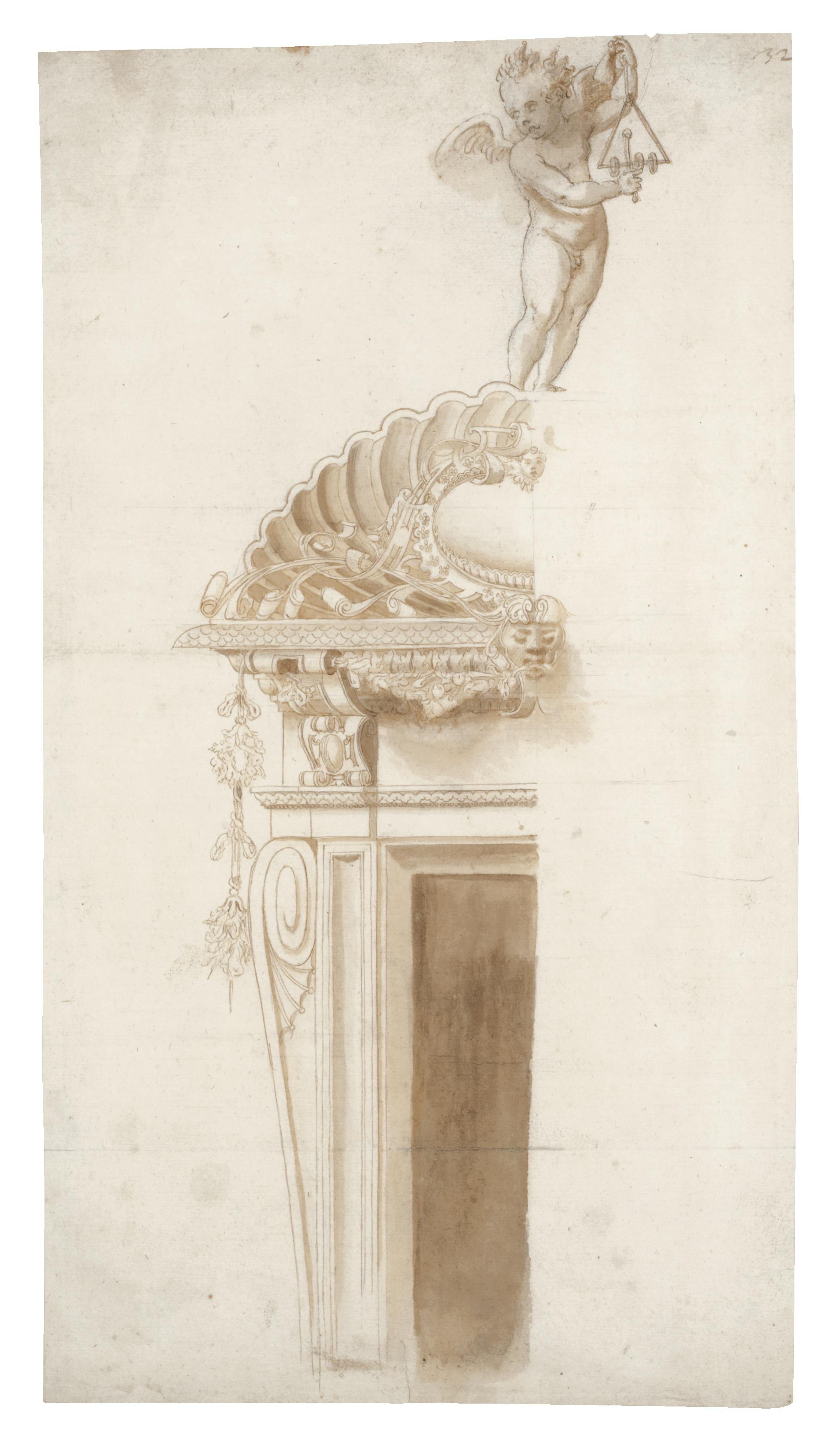 Ippolito Andreasi - An Ornamental Design For A Doorway With A Putto Playing A Triangle