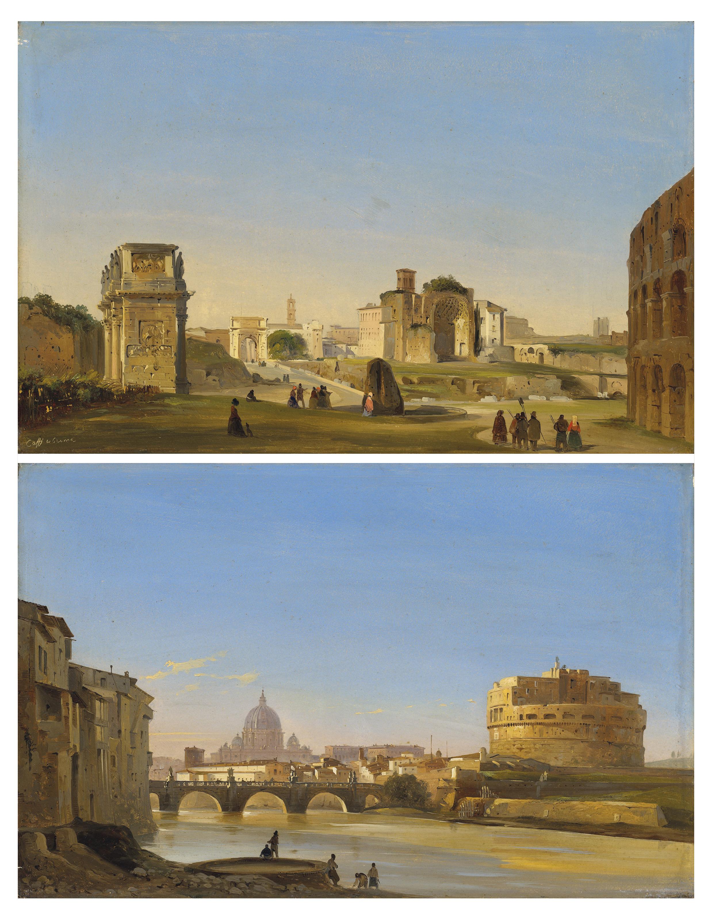 Ippolito Caffi - A view of the Tiber with the Castello San Angelo and St Peter\'s; and A view of the Forum with the Arch of Constantine and the Temple of Venus and Rome