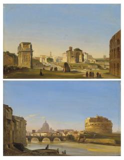 Ippolito Caffi - A view of the Tiber with the Castello San Angelo and St Peter\'s; and A view of the Forum with the Arch of Constantine and the Temple of Venus and Rome
