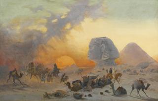 Ippolito Caffi - Italiana Caravan Fleeing From A Desert Simoom Near The Sphinx