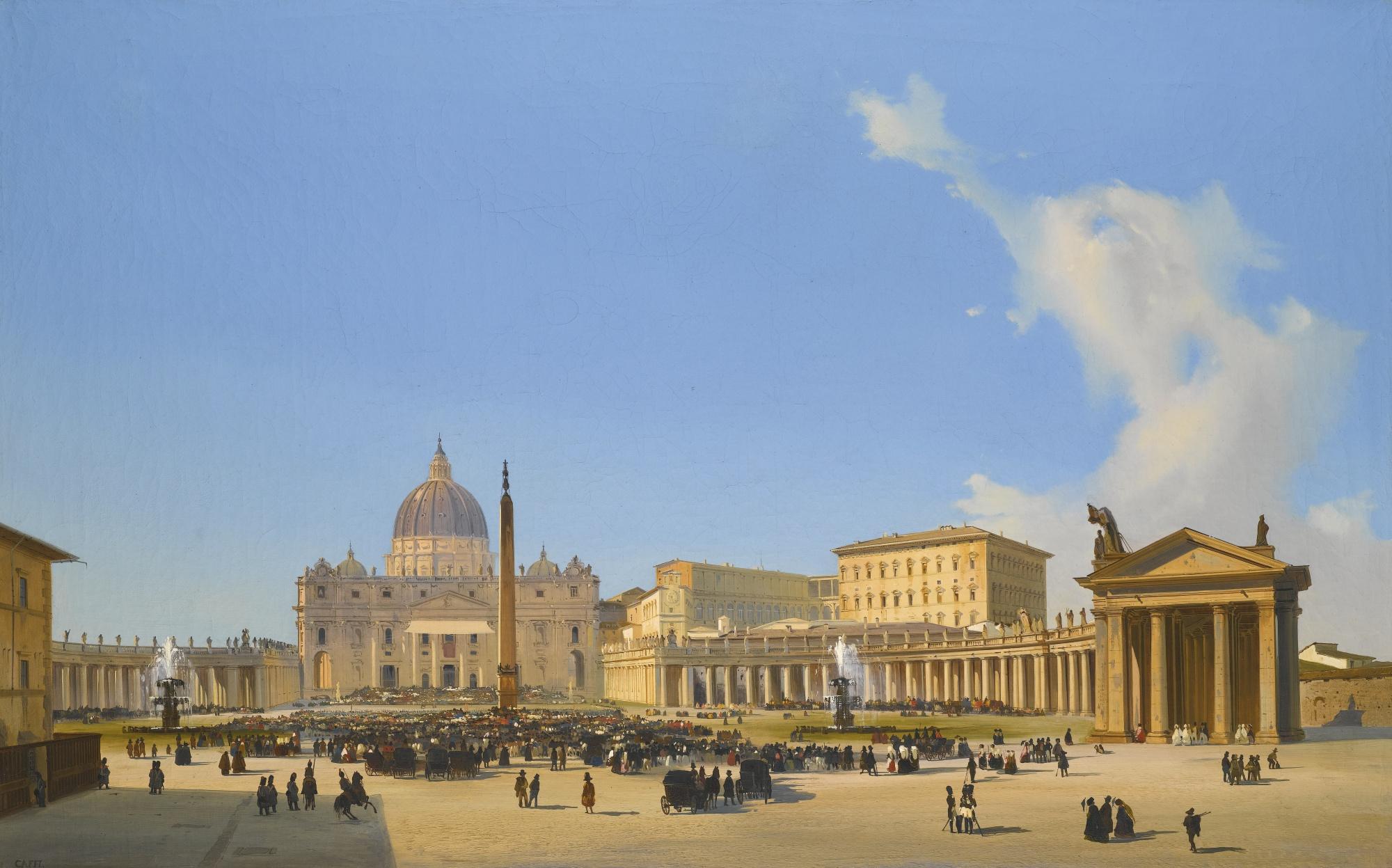 Ippolito Caffi - Rome, A View Of Saint Peter\'S Basilica And Square With Crowds Awaiting A Papal Audience