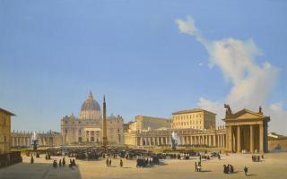 Ippolito Caffi - Rome, A View Of Saint Peter\'S Basilica And Square With Crowds Awaiting A Papal Audience