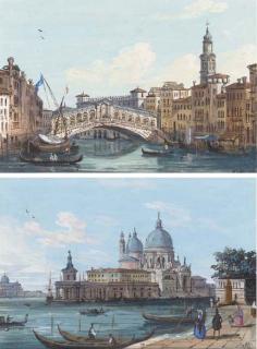 Ippolito Caffi - The Rialto Bridge, Venice; and The Dogana and Santa Maria della Salute from the Piazza San Marco (both illustrated)