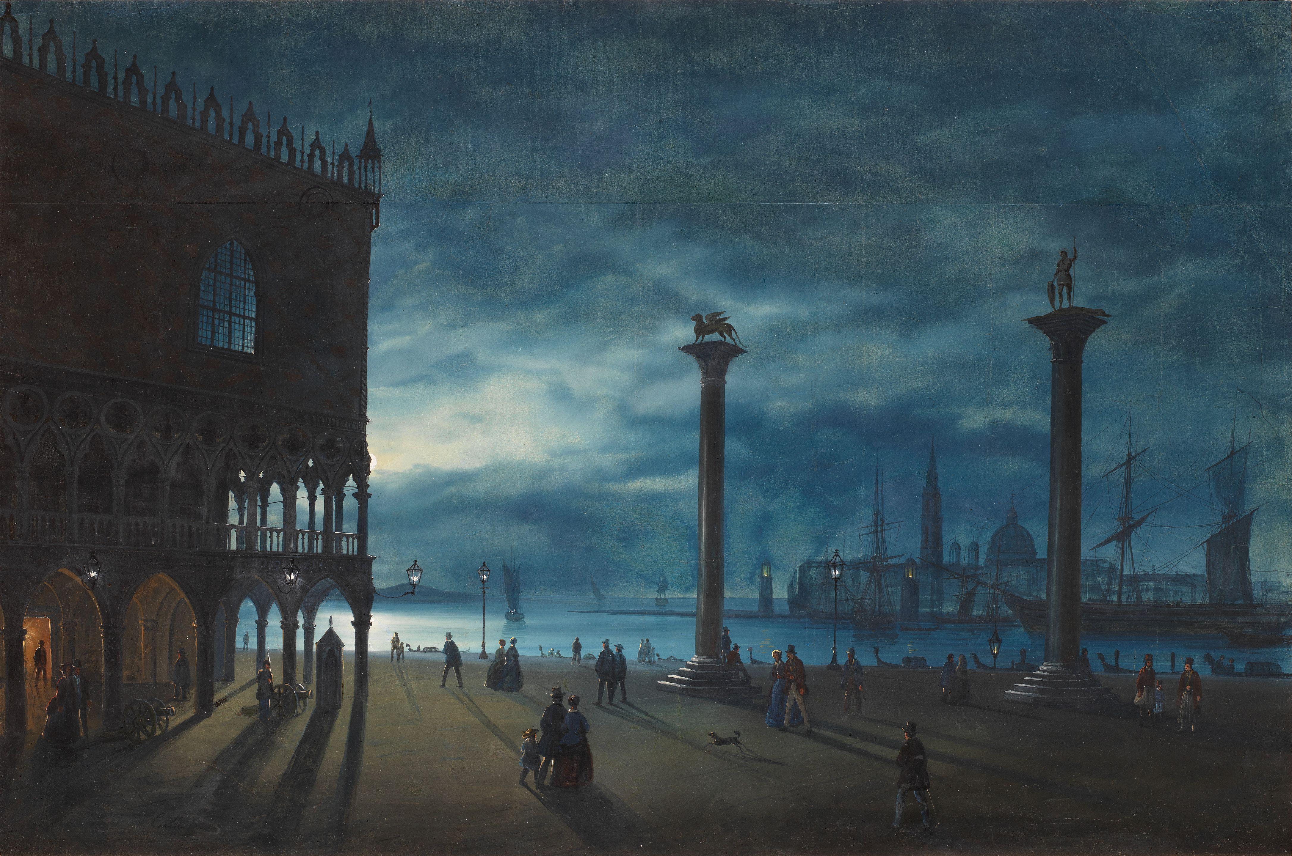 Ippolito Caffi - Venezia, veduta notturna con la Piazzetta San Marco e il Molo, con vista sull\'Isola di San Giorgio