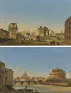 Ippolito Caffi - View Of The Tiber With Castel Sant\' Angelo; View Of The Roman Forum With The Arch Of Constantine And The Temple Of Venus And Rome