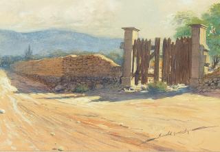 Ira Diamond Gerald Cassidy - Old Fence and Stone Wall in a New Mexican Landscape sight 7 3/4 x 11 1/4 in. framed 14 1/4 x 17 3/4 in.