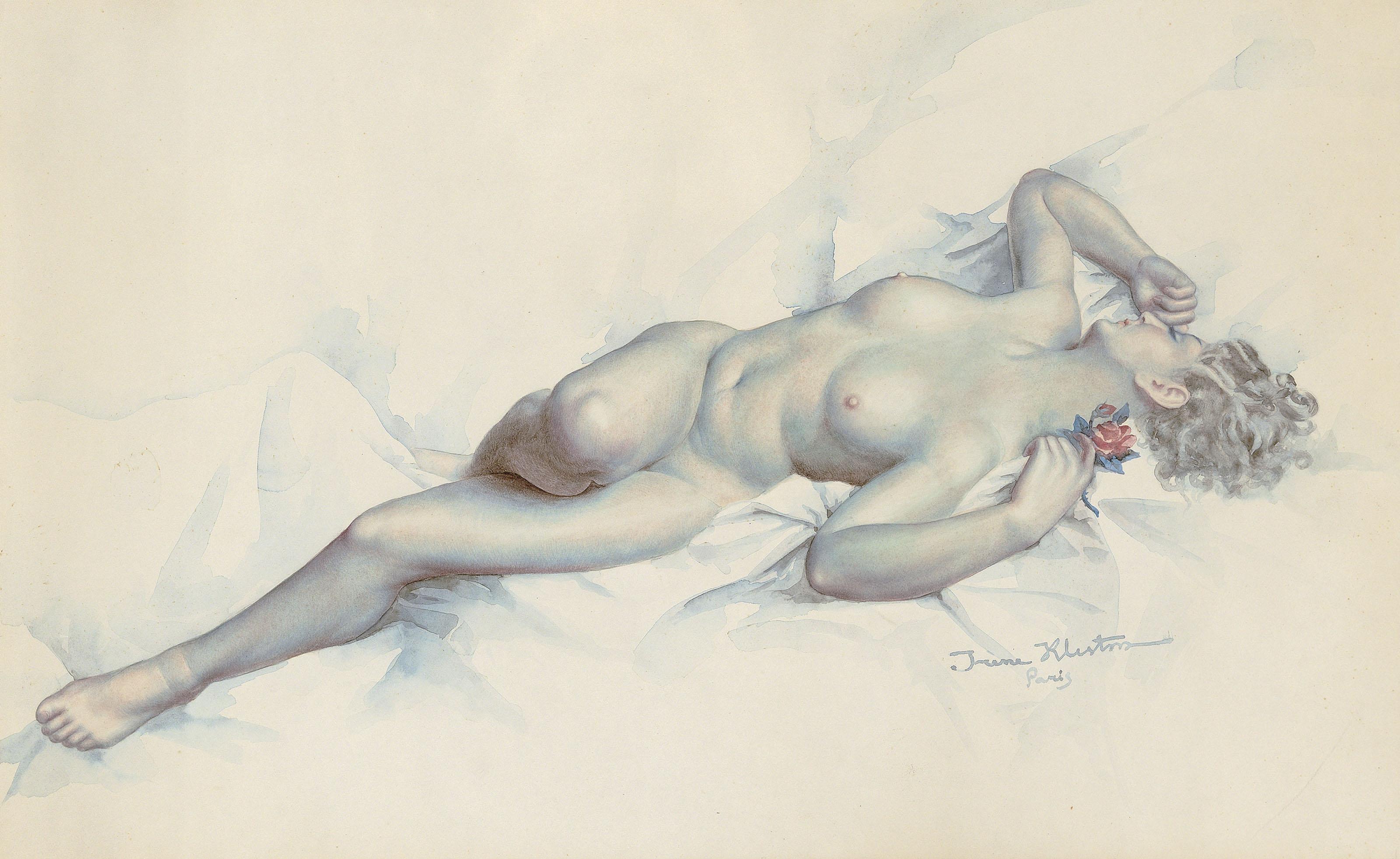 Irene Klestova - Reclining nude with a red rose