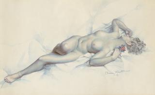Irene Klestova - Reclining nude with a red rose