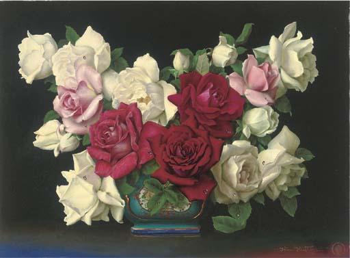 Irene Klestova - White, Pink And Red Roses In A Decorated Vase