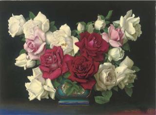 Irene Klestova - White, Pink And Red Roses In A Decorated Vase