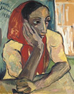 Irma Stern - Portrait Of A Woman, Seated, Wearing Red Head-Scarf