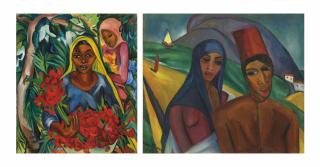 Irma Stern - The Flower Market, Cape Town (recto); Cape coastal landscape with Cape Malays (verso)