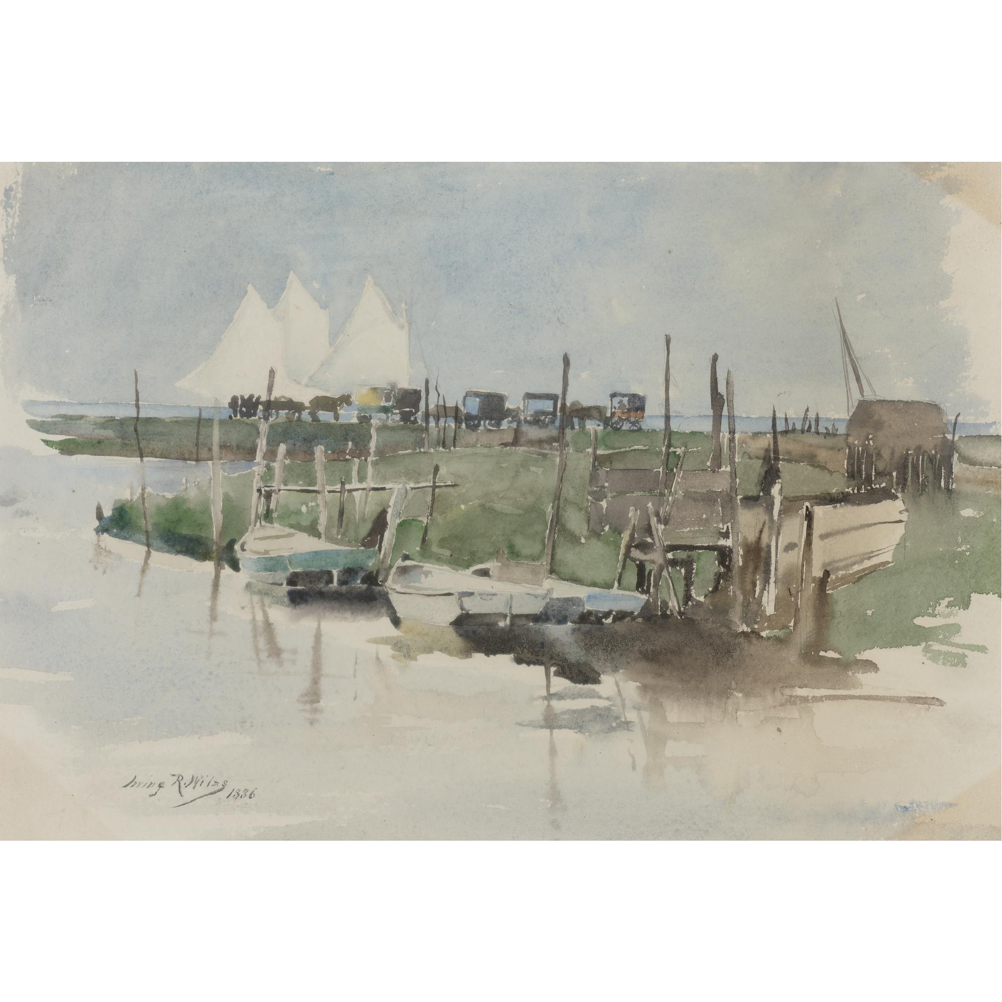 Irving Ramsay Wiles - Fish Mongers\' Wagons, Riverhead, Long Island And Landscape, Riverhead, Long Island:  A Double-Sided Drawing