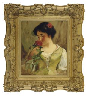 Irving Ramsey Wiles - A beauty smelling a rose