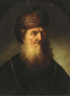 Isaac De Joudreville - Portrait of a man, bust-length, with a white beard and turban, wearing a gold chain