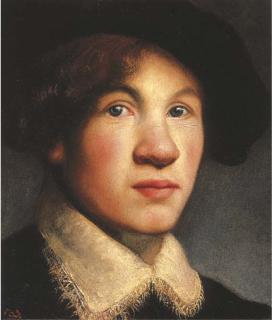 Isaac De Joudreville - Portrait of a young man, traditionally called Rembrandt, bust-length with a dark hat and a white collar