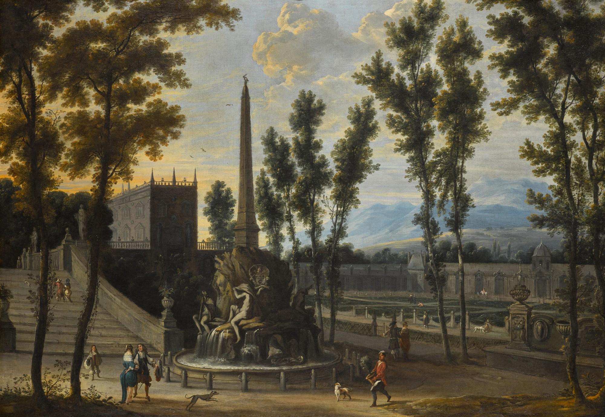 Isaac de Moucheron - A capriccio of an Italianate palatial garden with figures by Gian Lorenzo Bernini\'s fountain of The Four Rivers