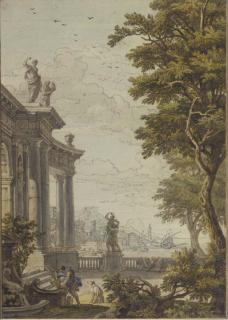 Isaac De Moucheron - A classical gateway with a man and his dog at a fountain, a port and mountains beyond