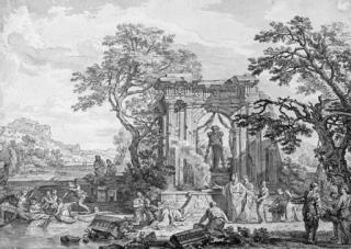 Isaac de Moucheron - A classical landscape with a sacrifice offered to Pan in the ruins of a temple