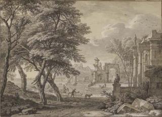Isaac De Moucheron - A classical landscape with drovers approaching a porticoed temple, a bay beyond