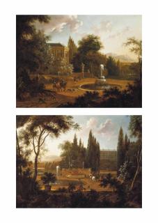 Isaac De Moucheron - A Hunting Party Beside A Fountain; And Elegant Company Beside A Fountain With Hounds Drinking Water