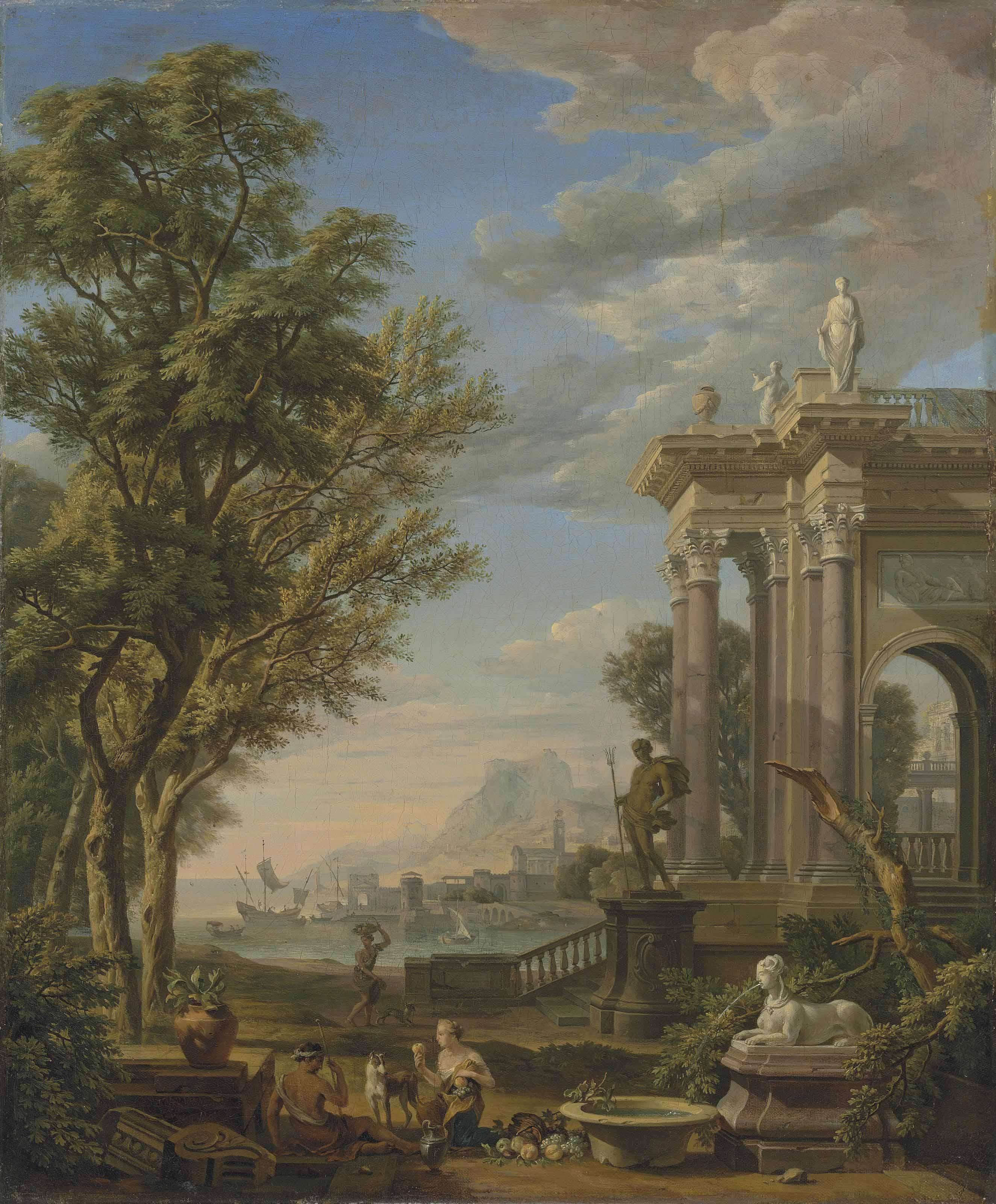Isaac De Moucheron - A Mediterranean Harbour With Classical Ruins, A Figure Of Neptune And A Fountain In The Foreground