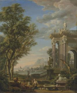 Isaac De Moucheron - A Mediterranean Harbour With Classical Ruins, A Figure Of Neptune And A Fountain In The Foreground