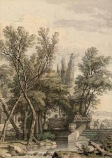 Isaac de Moucheron - A park landscape with a marble tombe, sculpture and urn