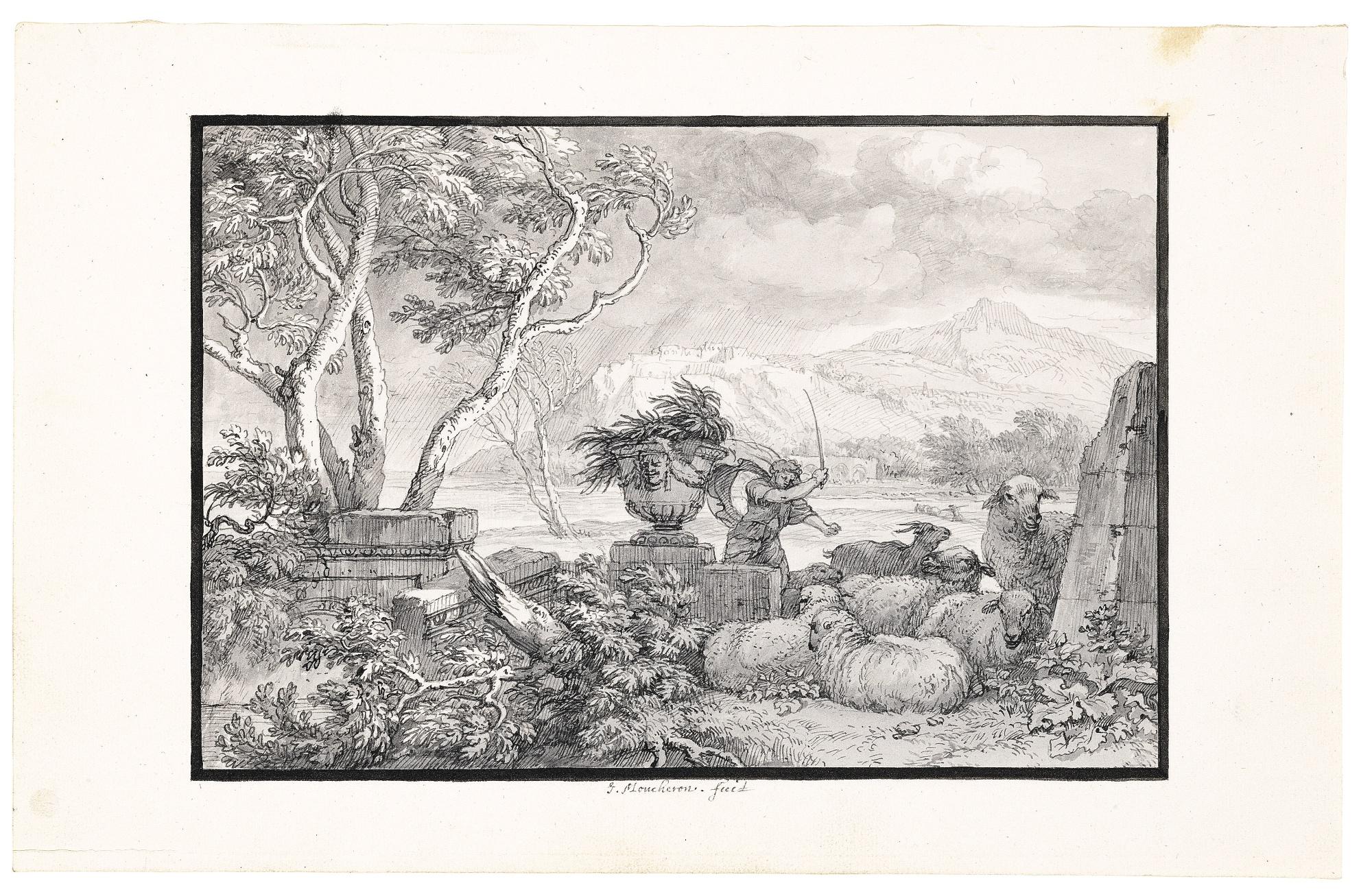 Isaac De Moucheron - A Shepherd With His Flock Sheltering From A Storm Among Antique Ruins