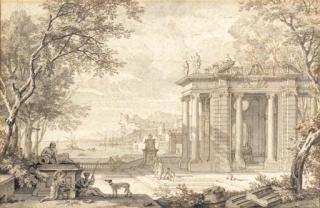 Isaac De Moucheron - A terrace with classical buildings overlooking a port