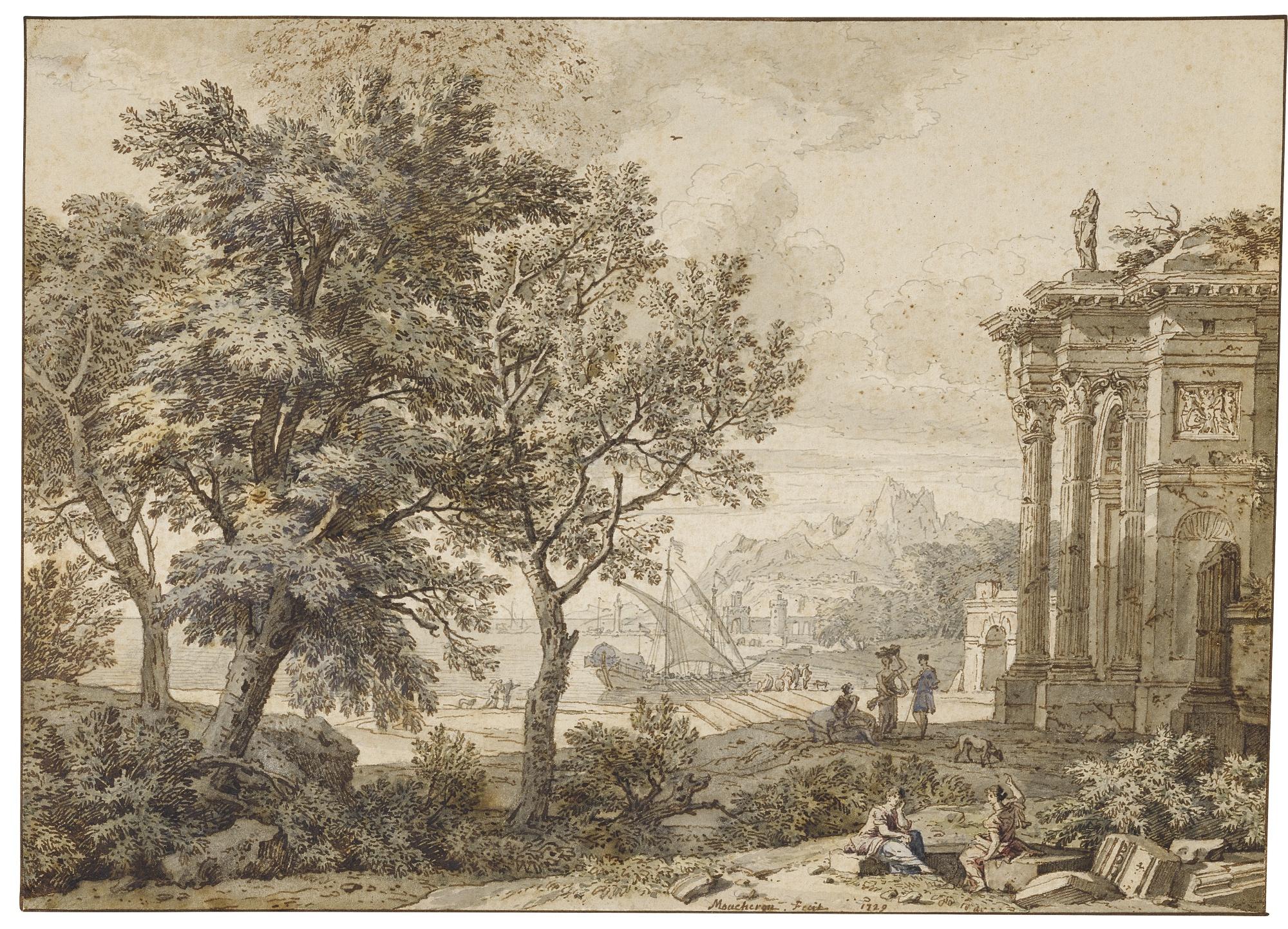 Isaac De Moucheron - A View Of A Southern Harbour With Figures Near A Classical Building And Mountains In The Background