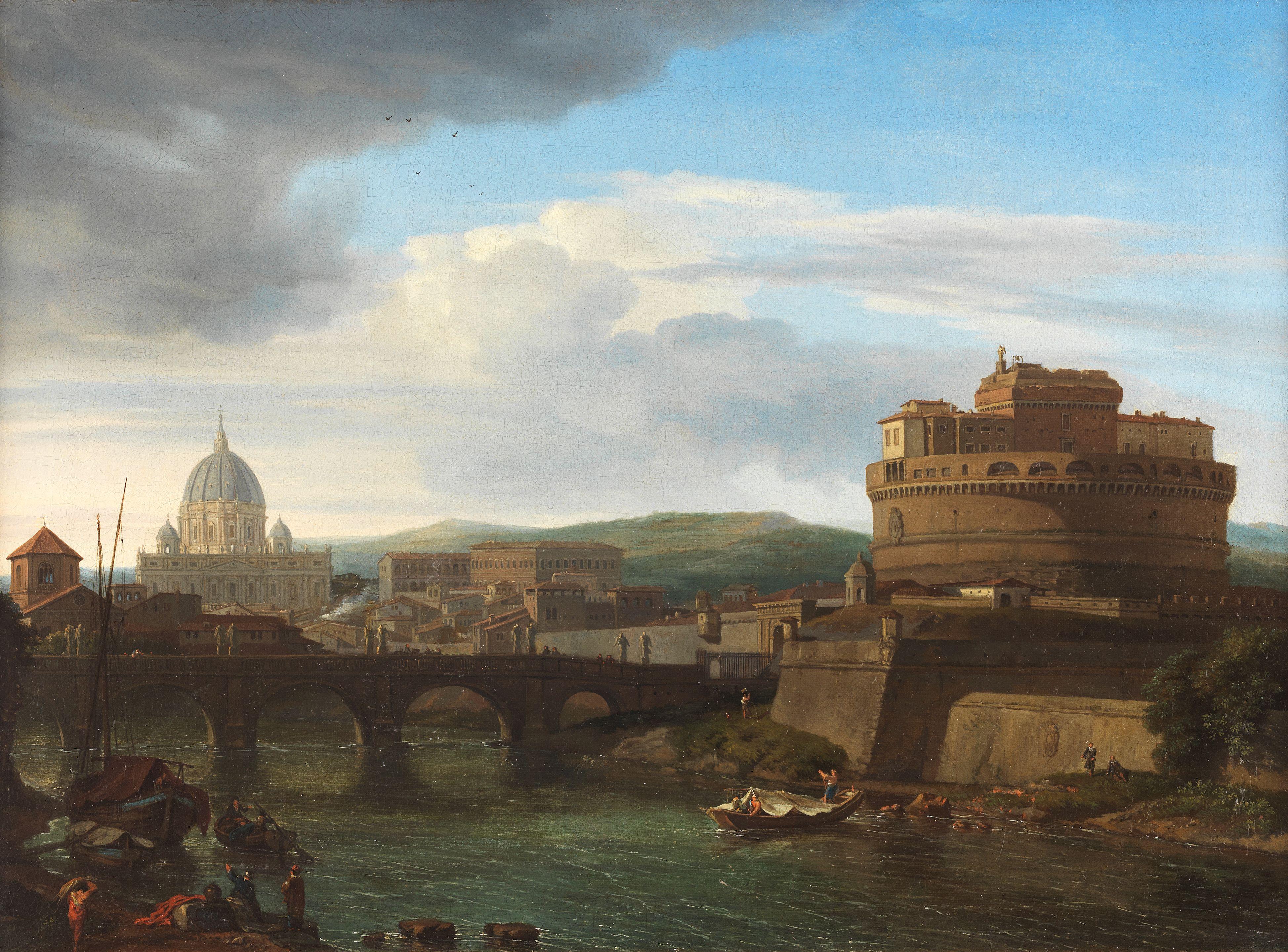 Isaac De Moucheron - A view of the Tiber, Rome, with the Castel Sant\'Angelo and Saint Peter\'s beyond