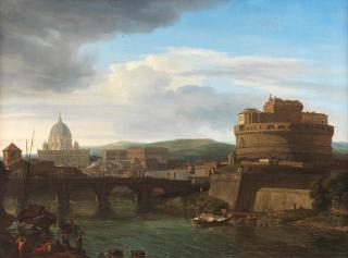 Isaac De Moucheron - A view of the Tiber, Rome, with the Castel Sant\'Angelo and Saint Peter\'s beyond