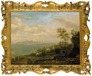 Isaac De Moucheron - An extensive Italianate landscape with shepherds and shepherdesses resting before a hilltop town