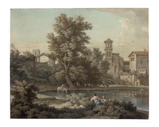Isaac de Moucheron - An Italianate landscape with a rider watering his horse, and other figures, after Gaspard Dughet