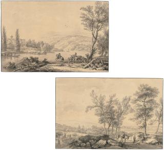 Isaac de Moucheron - An Italianate river landscape with horsemen in the foreground; and An Italianate landscape with travellers and donkeys on a hilly road