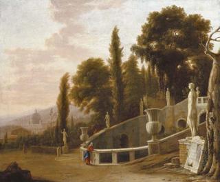 Isaac de Moucheron - Figures by a fountain with a view of Saint Peter\'s beyond