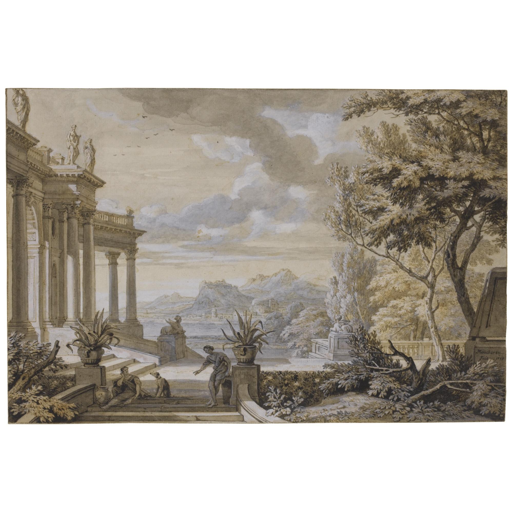 Isaac De Moucheron - Landscape Capriccio With A Classical Portico, A Rugged Coastline Behind