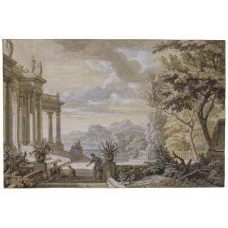 Isaac De Moucheron - Landscape Capriccio With A Classical Portico, A Rugged Coastline Behind