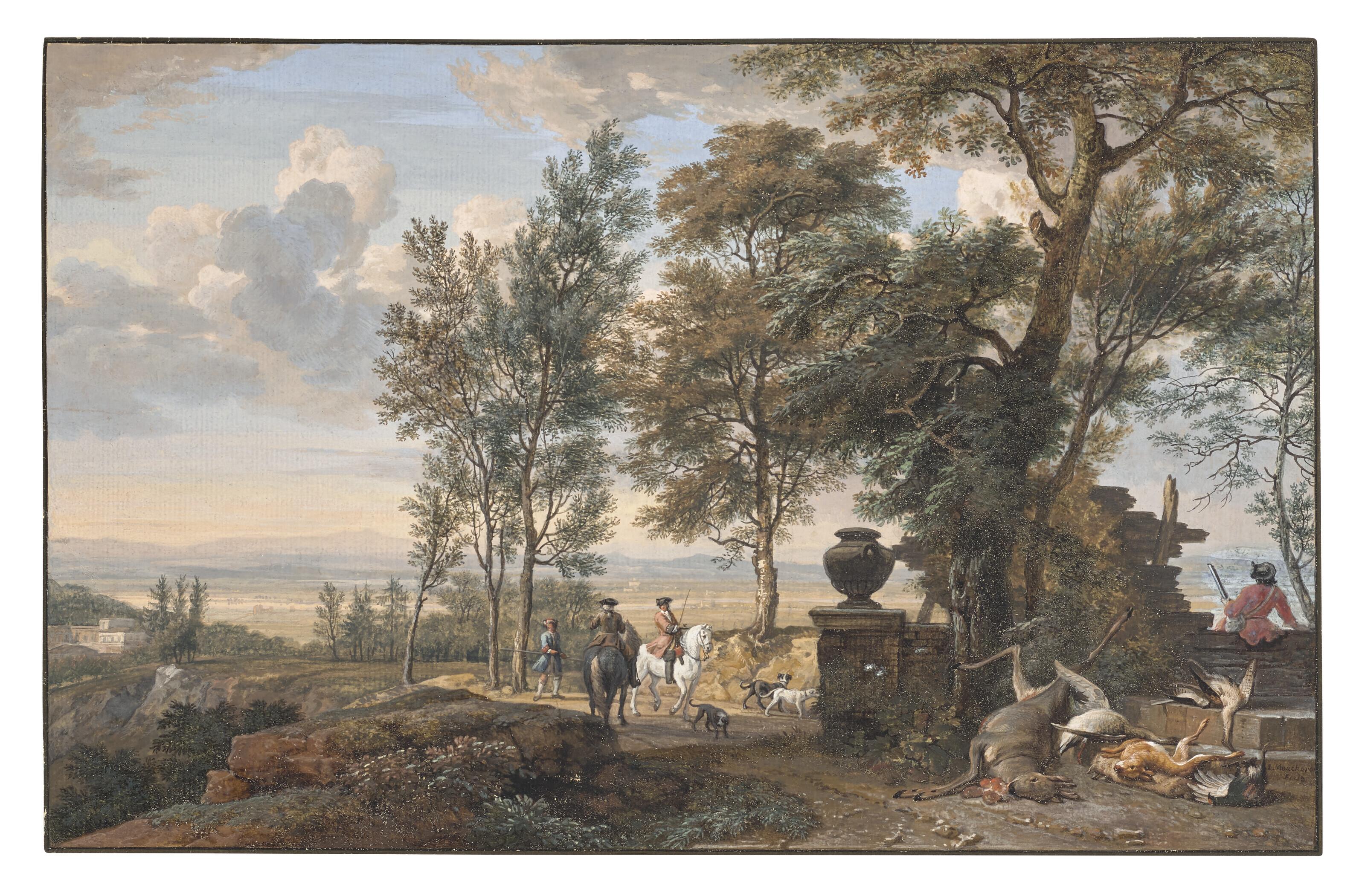 Isaac De Moucheron - Landscape with hunters near a terrace with dead game