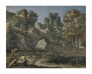 Isaac De Moucheron - Paysage arcadien avec un berger au repos et un pêcheur près d’un étang, d’après Gaspard Dughet